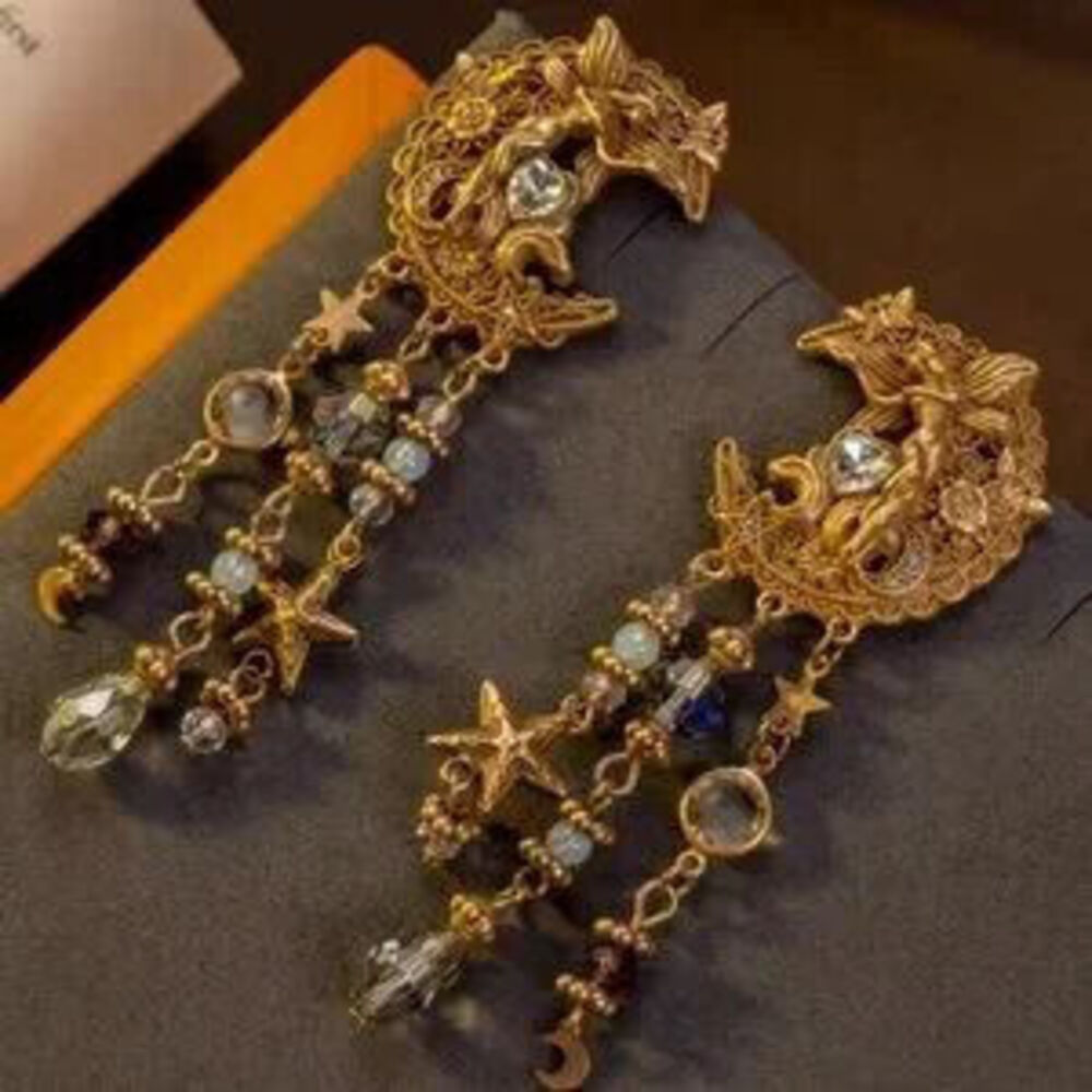 Vintage Antique Victorian Celestial Moon Dragon Earrings Y2K Minimalist - Picture 5 of 5